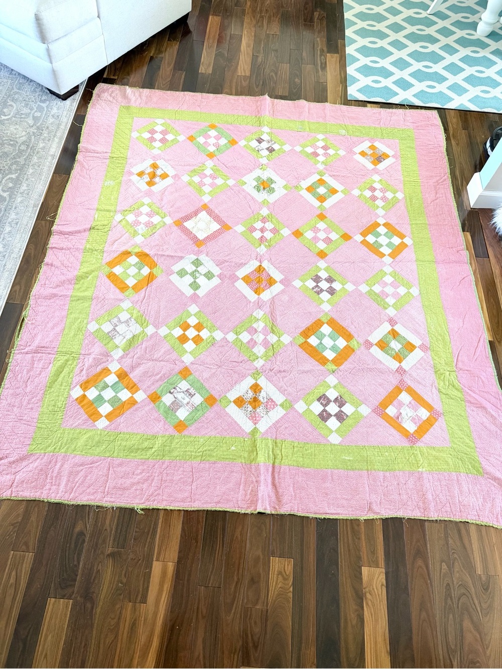 STUNNING Vintage Antique Quilt Pink Red Green Orange Squares VERY OLD Handstitch